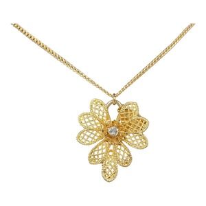 Vintage Gold Tone Waffle Weave Flower Pearl Pendant Necklace Religious
